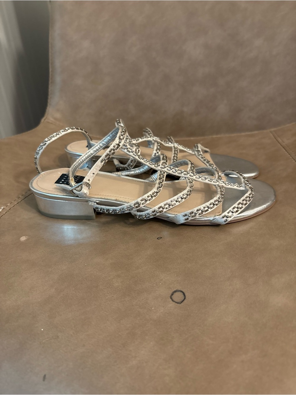 White House black market silver strappy beaded sandals shoes size 7